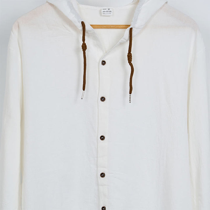 Buddha Stones Solid Color Long Sleeve Hooded Drawstring Buttons Cotton Men's Shirt - image 7