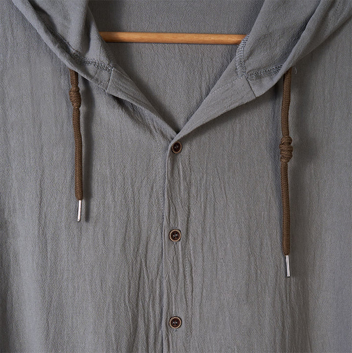 Buddha Stones Solid Color Long Sleeve Hooded Drawstring Buttons Cotton Men's Shirt - image 13