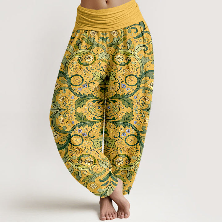 Buddha Stones Pure Cotton Layered Leaves Vines Flowers Pattern Women's Elastic Waist Harem Pants - Gold - US16，UK/AU20，EU48 (3XL) - image 0