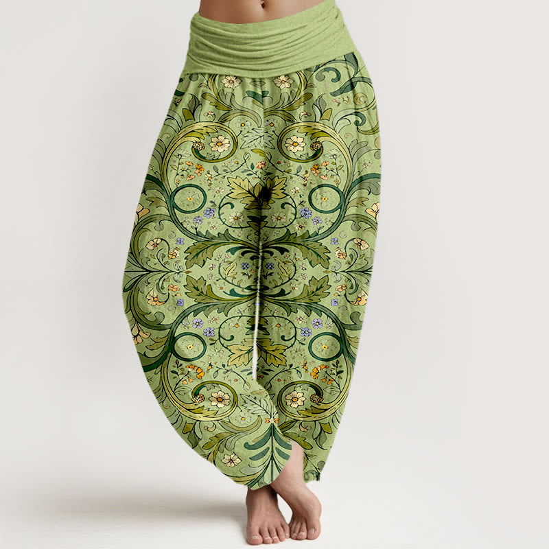 Buddha Stones Pure Cotton Layered Leaves Vines Flowers Pattern Women's Elastic Waist Harem Pants - YellowGreen - US16，UK/AU20，EU48 (3XL) - image 5
