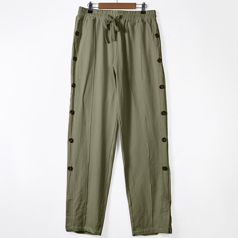 Buddha Stones Solid Color Side Buttons Men's Cotton Pants With Pockets - DarkSeaGreen - US/UK/AU46，EU56 (3XL) - image 7
