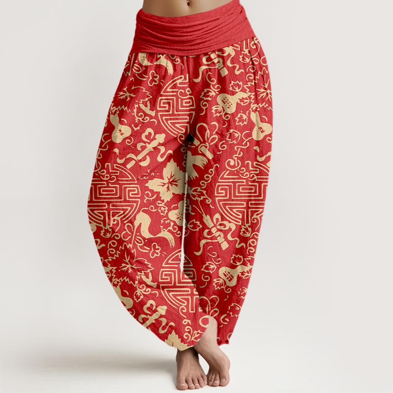 Buddha Stones Pure Cotton Chinese Character Gourd Auspicious Pattern Women's Elastic Waist Harem Pants - Red - US16，UK/AU20，EU48 (3XL) - image 8