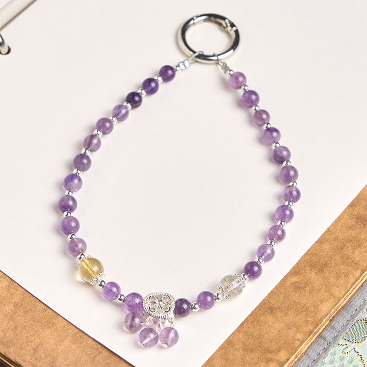 Buddha Stones Amethyst Flower Charm Spiritual Awareness Beaded Key Chain Phone Hanging Decoration - Amethyst(Meditation ♥ Balance) - image 0