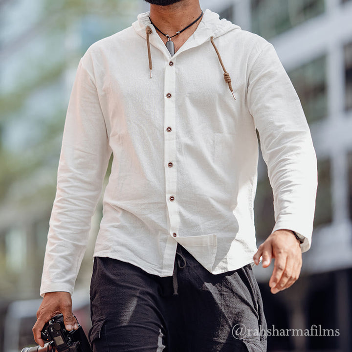 Buddha Stones Solid Color Long Sleeve Hooded Drawstring Buttons Linen Men's Shirt - White - US/UK/AU44，EU54 (3XL) - image 0