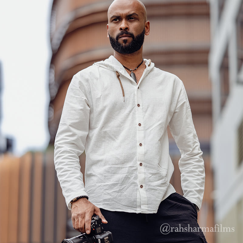 Buddha Stones Solid Color Long Sleeve Hooded Drawstring Buttons Cotton Men's Shirt - image 1