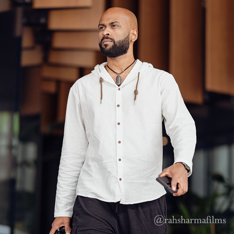 Buddha Stones Solid Color Long Sleeve Hooded Drawstring Buttons Cotton Men's Shirt - image 4