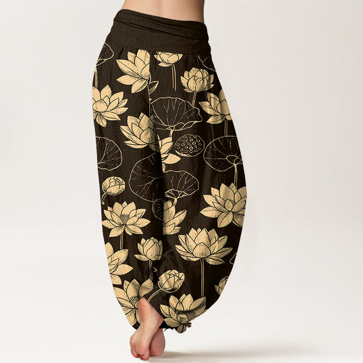 Buddha Stones Cotton Lotus Flowers Leaves Pods Pattern Women's Elastic Waist Harem Pants - image 1
