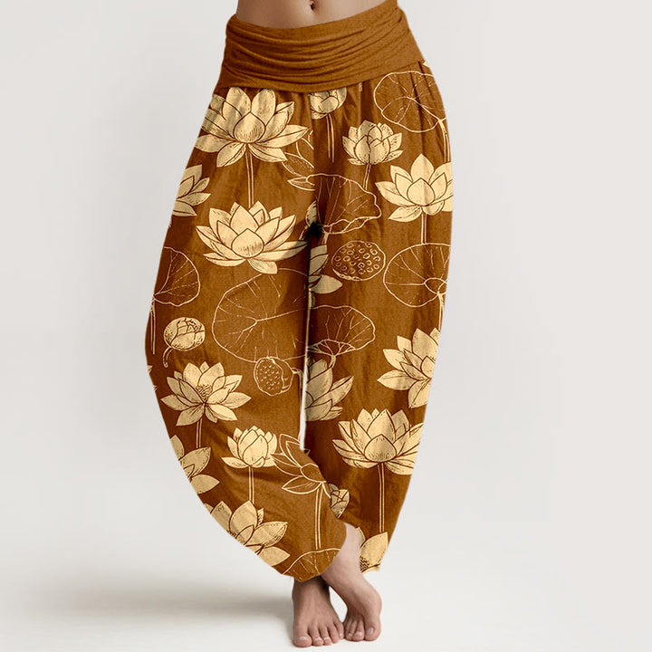 Buddha Stones Cotton Lotus Flowers Leaves Pods Pattern Women's Elastic Waist Harem Pants - Chocolate - US16，UK/AU20，EU48 (3XL) - image 5