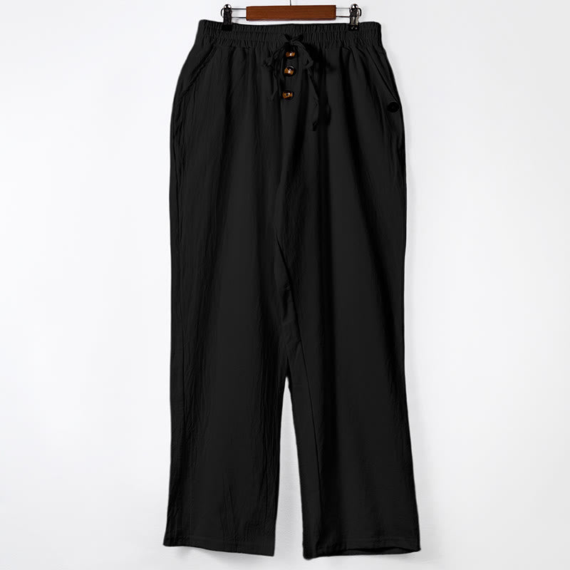 Buddha Stones Solid Color Buttons Drawstring Men's Cotton Pants With Pockets - Black - US/UK/AU46，EU56 (3XL) - image 11