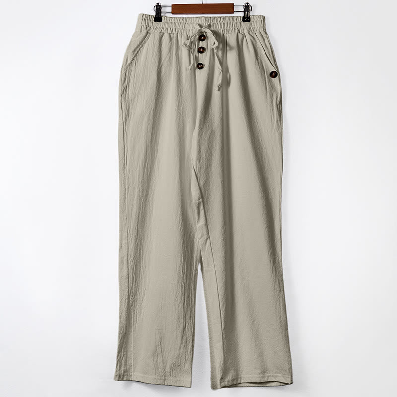 Buddha Stones Solid Color Buttons Drawstring Men's Cotton Pants With Pockets - Beige - US/UK/AU46，EU56 (3XL) - image 22