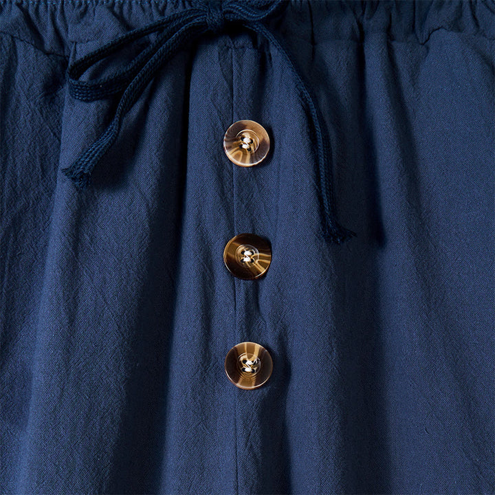 Buddha Stones Solid Color Buttons Drawstring Men's Cotton Pants With Pockets - image 2