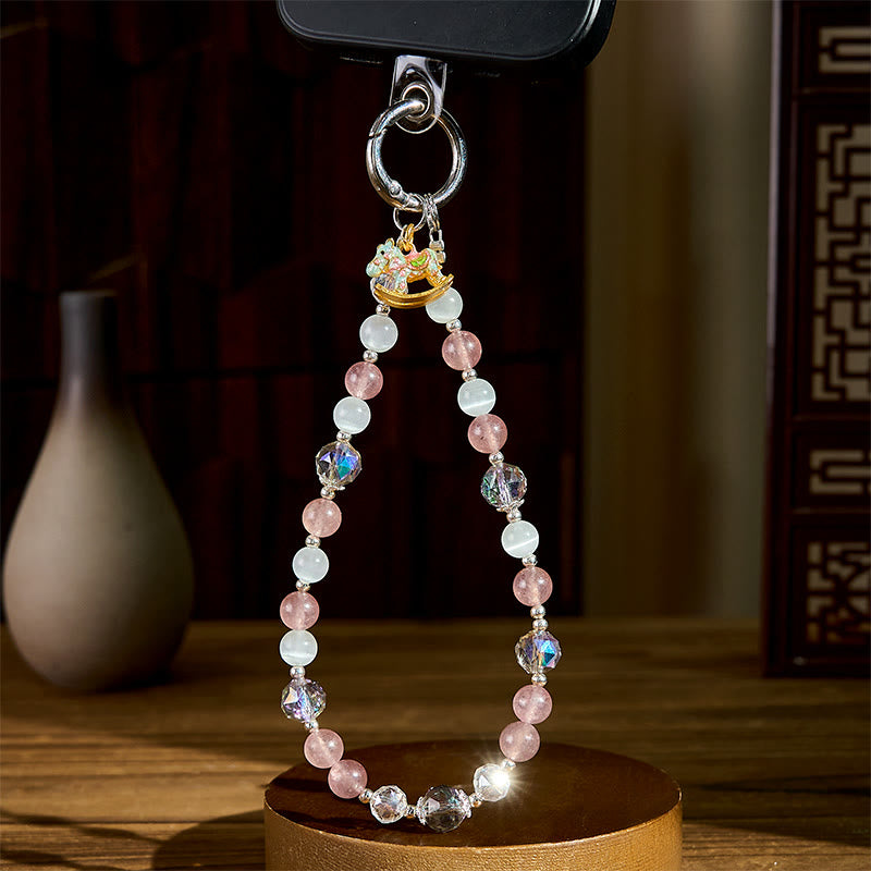 Buddha Stones Year of the Horse Strawberry Quartz White Cat's Eye Key Chain Phone Hanging Decoration - image 3