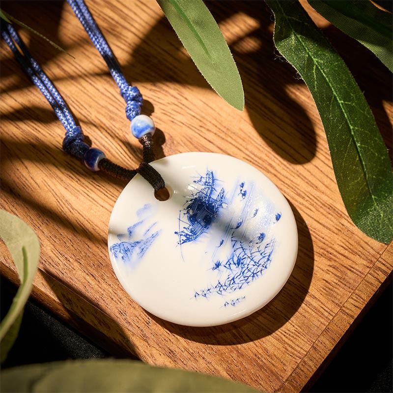 Buddha Stones Ethnic Peony Peach Blossoms Lotus Symbol Ceramics Necklace Enlightenment Pendant - Misty River Boat Scenery - image 18