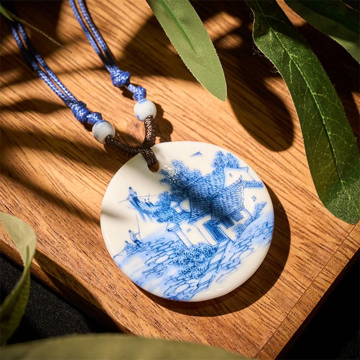 Buddha Stones Ethnic Peony Peach Blossoms Lotus Symbol Ceramics Necklace Enlightenment Pendant - Village Landscape - image 12