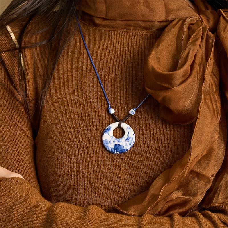 Buddha Stones Ethnic Peony Peach Blossoms Lotus Symbol Ceramics Necklace Enlightenment Pendant - image 4