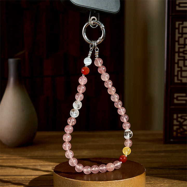 Buddha Stones 8mm Colorful Beads Strawberry Quartz Positive Key Chain Phone Hanging Decoration - image 2