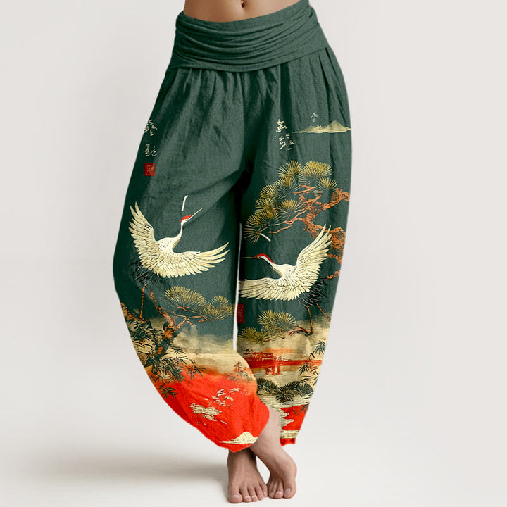 Buddha Stones Pure Cotton Vivid Crane Pine Tree Pattern Women's Elastic Waist Harem Pants - DarkGreen - US16，UK/AU20，EU48 (3XL) - image 0