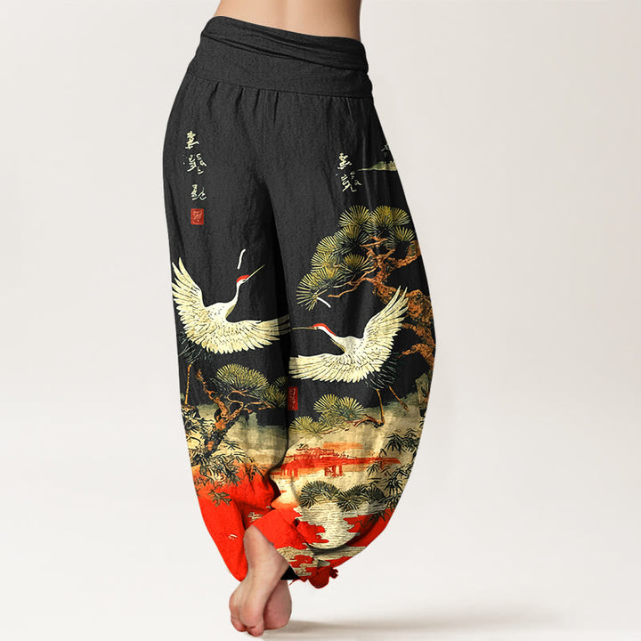 Buddha Stones Pure Cotton Vivid Crane Pine Tree Pattern Women's Elastic Waist Harem Pants - image 6