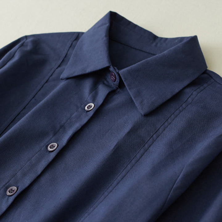 Buddha Stones Fall Printed Patchwork Design Drawstring Long Sleeve Linen Midi Dress With Pockets - image 3