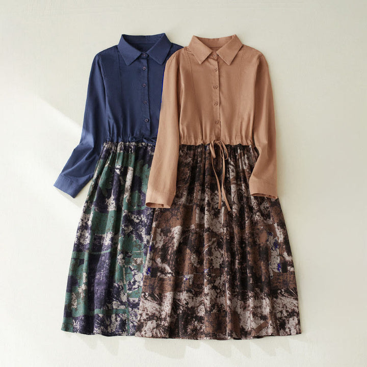 Buddha Stones Fall Printed Patchwork Design Drawstring Long Sleeve Linen Midi Dress With Pockets - image 0