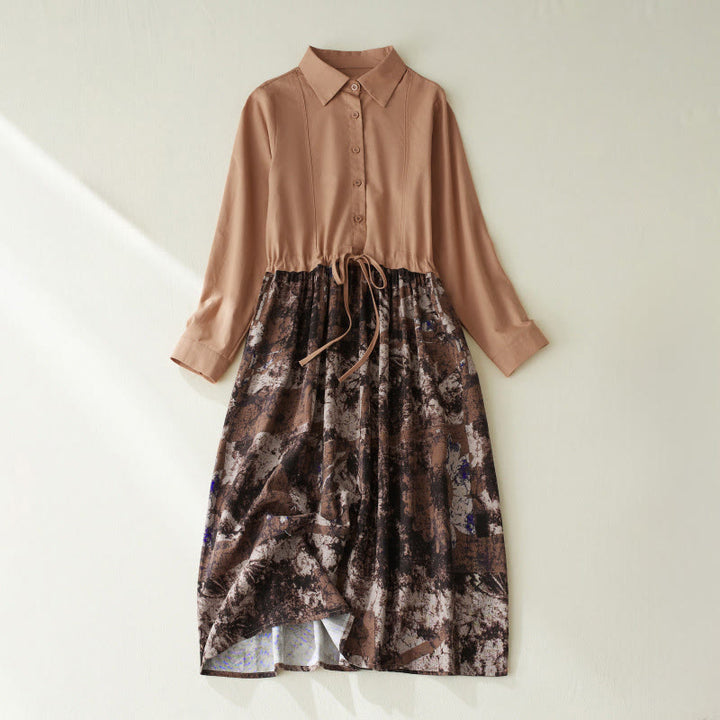 Buddha Stones Fall Printed Patchwork Design Drawstring Long Sleeve Linen Midi Dress With Pockets - SandyBrown - US8-10，UK/AU12-14，EU40-42 (2XL) - image 11