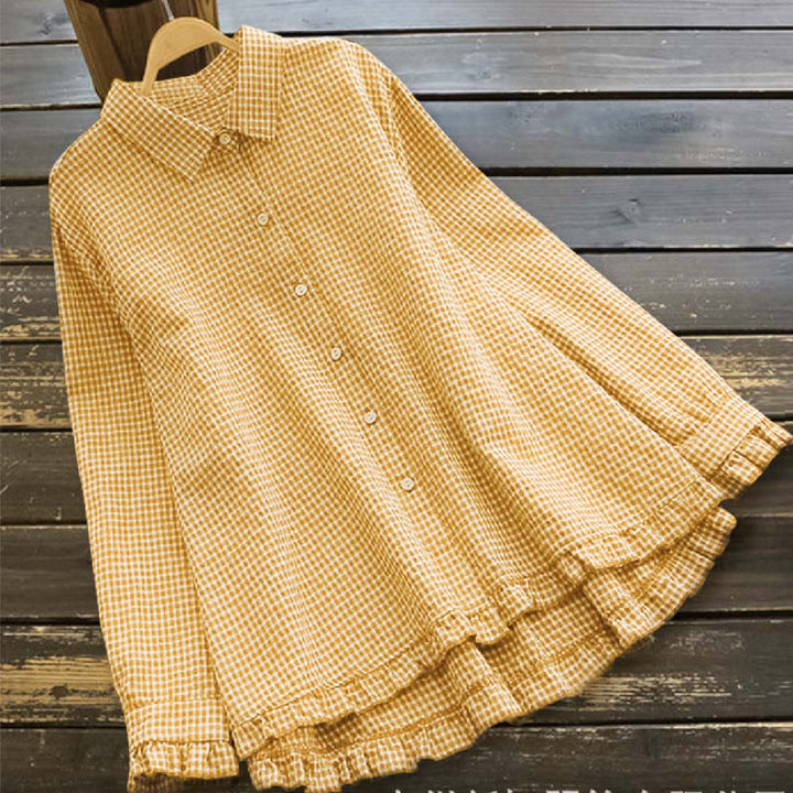 Buddha Stones Spring Plaid Ruffled Hem Design Long Sleeve Women's Buttons Shirt - Yellow - US16，UK/AU20，EU48 (4XL) - image 2