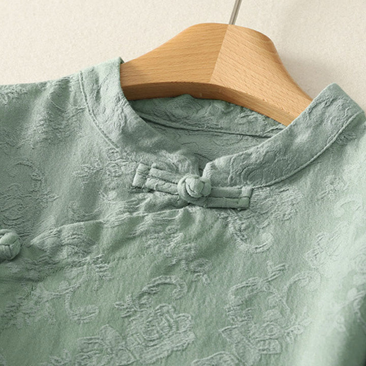 Buddha Stones Jacquard Diagonal Placket Long Sleeve Women's Cotton Linen Buttons Shirt - image 7
