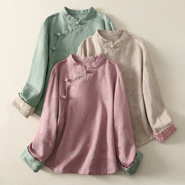 Buddha Stones Jacquard Diagonal Placket Long Sleeve Women's Cotton Linen Buttons Shirt - image 0