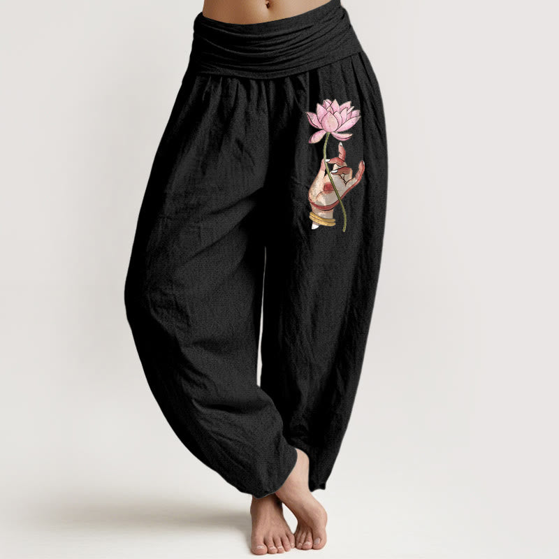Buddha Stones Hand Holding Delicate Lotus Pattern Women's Elastic Waist Harem Cotton Pants - DarkSlateBlue - US16，UK/AU20，EU48 (3XL) - image 0