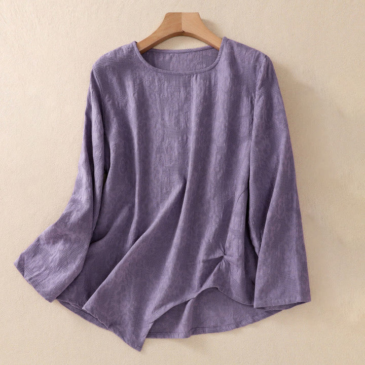 Buddha Stones Jacquard Irregular Hem Pleated Design Women's Cotton Long Sleeve Shirt - DarkOrchid - US8-10，UK/AU12-14，EU40-42 (2XL) - image 0