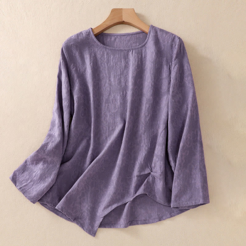 Buddha Stones Jacquard Irregular Hem Pleated Design Women's Long Sleeve Shirt - DarkOrchid - US8-10，UK/AU12-14，EU40-42 (2XL) - image 0