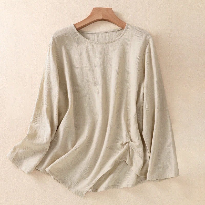 Buddha Stones Jacquard Irregular Hem Pleated Design Women's Cotton Long Sleeve Shirt - Linen - US8-10，UK/AU12-14，EU40-42 (2XL) - image 25