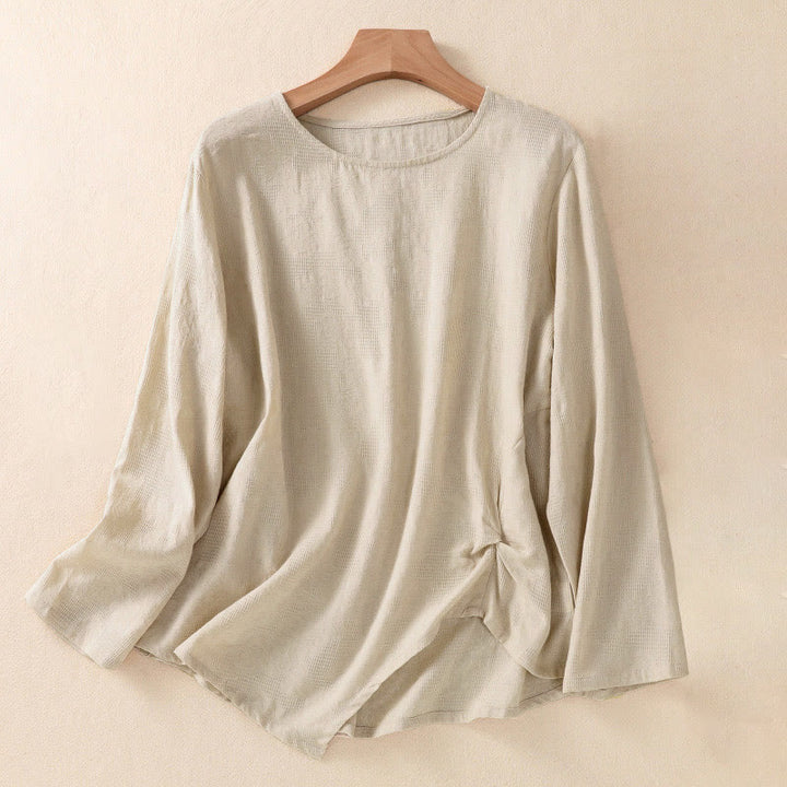 Buddha Stones Jacquard Irregular Hem Pleated Design Women's Cotton Long Sleeve Shirt - Linen - US8-10，UK/AU12-14，EU40-42 (2XL) - image 25