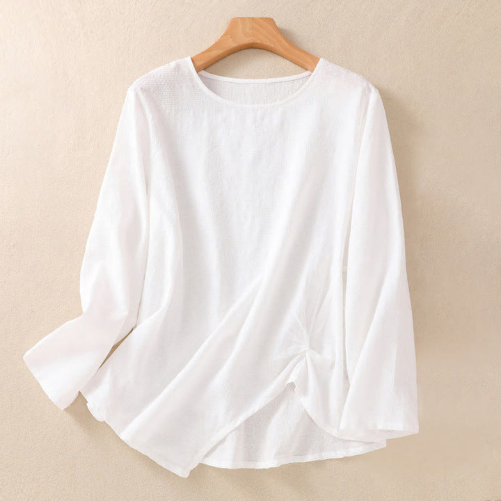 Buddha Stones Jacquard Irregular Hem Pleated Design Women's Cotton Long Sleeve Shirt - White - US8-10，UK/AU12-14，EU40-42 (2XL) - image 8