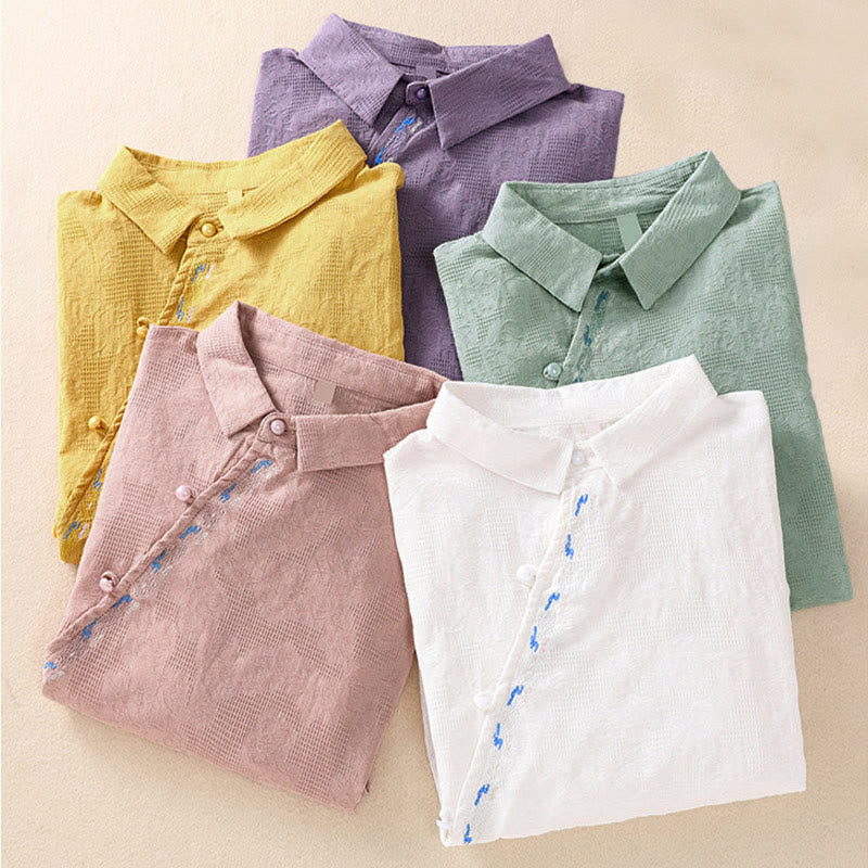 Buddha Stones Fall Embroidery Asymmetrical Design Frog-Button Women's Cotton Long Sleeve Shirt - image 38