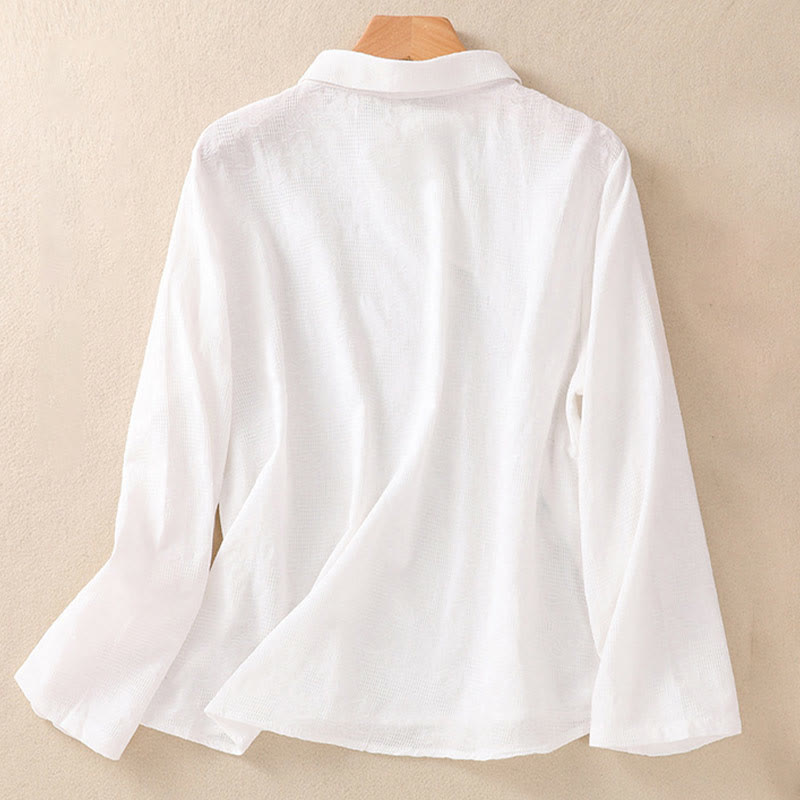 Buddha Stones Fall Embroidery Asymmetrical Design Frog-Button Women's Cotton Long Sleeve Shirt - image 8