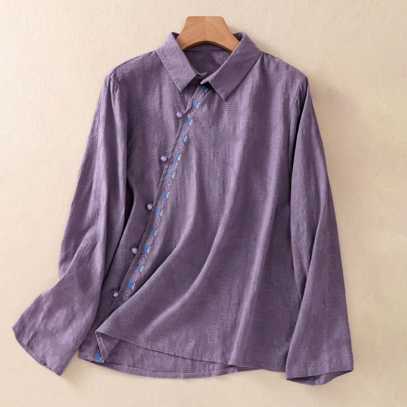 Buddha Stones Fall Embroidery Asymmetrical Design Frog-Button Women's Cotton Long Sleeve Shirt - DarkOrchid - US8-10，UK/AU12-14，EU40-42 (2XL) - image 31