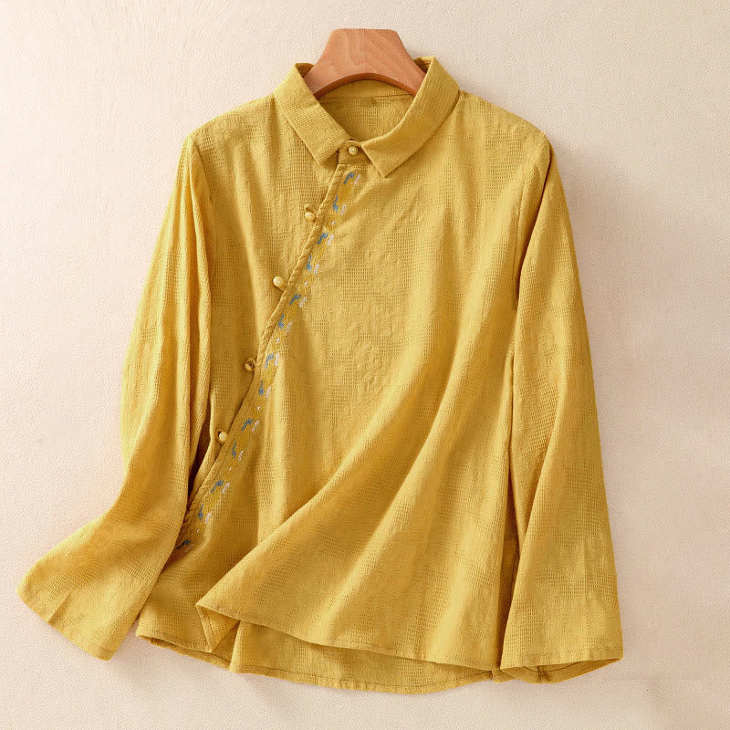 Buddha Stones Fall Embroidery Asymmetrical Design Frog-Button Women's Cotton Long Sleeve Shirt - Gold - US8-10，UK/AU12-14，EU40-42 (2XL) - image 24