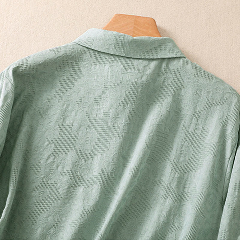 Buddha Stones Fall Embroidery Asymmetrical Design Frog-Button Women's Cotton Long Sleeve Shirt - image 3