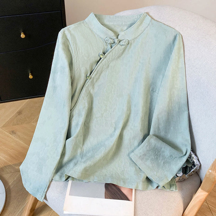 Buddha Stones Commute Jacquard Chinese Frog-Button Mandarin Collar Long Sleeve Women's Shirt - MediumAquamarine - US8-10，UK/AU12-14，EU40-42 (2XL) - image 0