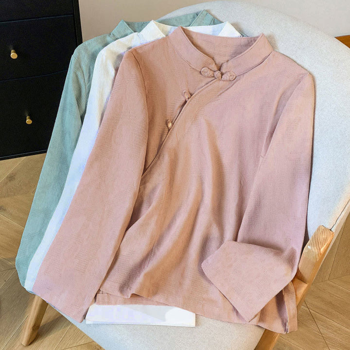 Buddha Stones Commute Jacquard Chinese Frog-Button Mandarin Collar Long Sleeve Women's Cotton Shirt - image 29