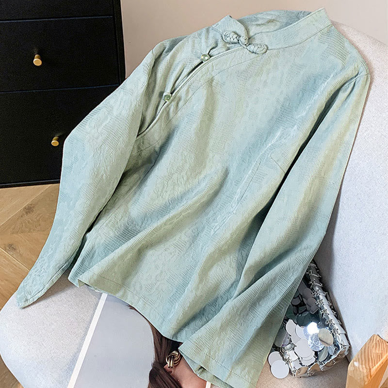 Buddha Stones Commute Jacquard Chinese Frog-Button Mandarin Collar Long Sleeve Women's Cotton Shirt - image 2