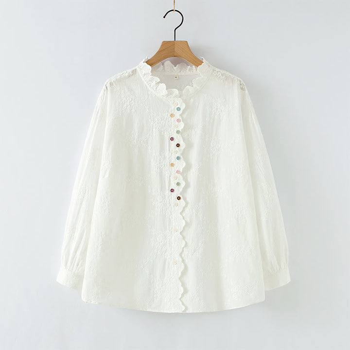 Buddha Stones Fall Ruffled Collar Embroidered Relief Flower Buttons Women's Cotton Long Sleeve Shirt - White - US6，UK/AU10，EU38 (L) - image 2