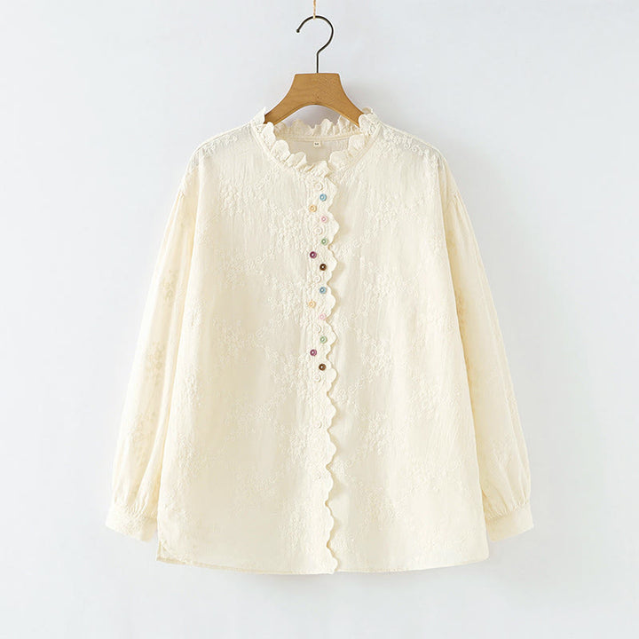 Buddha Stones Fall Ruffled Collar Embroidered Relief Flower Buttons Women's Cotton Long Sleeve Shirt - OldLace - US6，UK/AU10，EU38 (L) - image 0