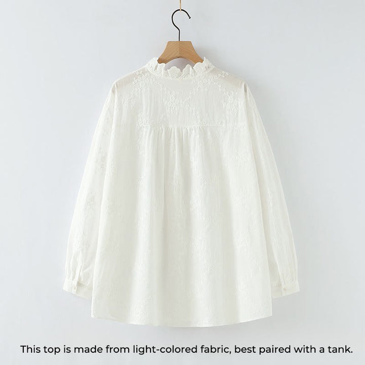 Buddha Stones Fall Ruffled Collar Embroidered Relief Flower Buttons Women's Cotton Long Sleeve Shirt - image 3