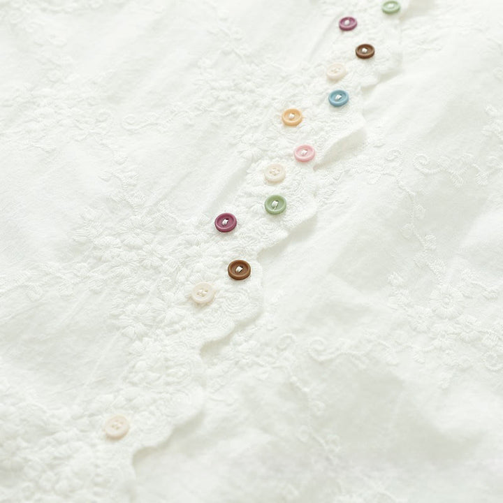 Buddha Stones Fall Ruffled Collar Embroidered Relief Flower Buttons Women's Cotton Long Sleeve Shirt - image 6