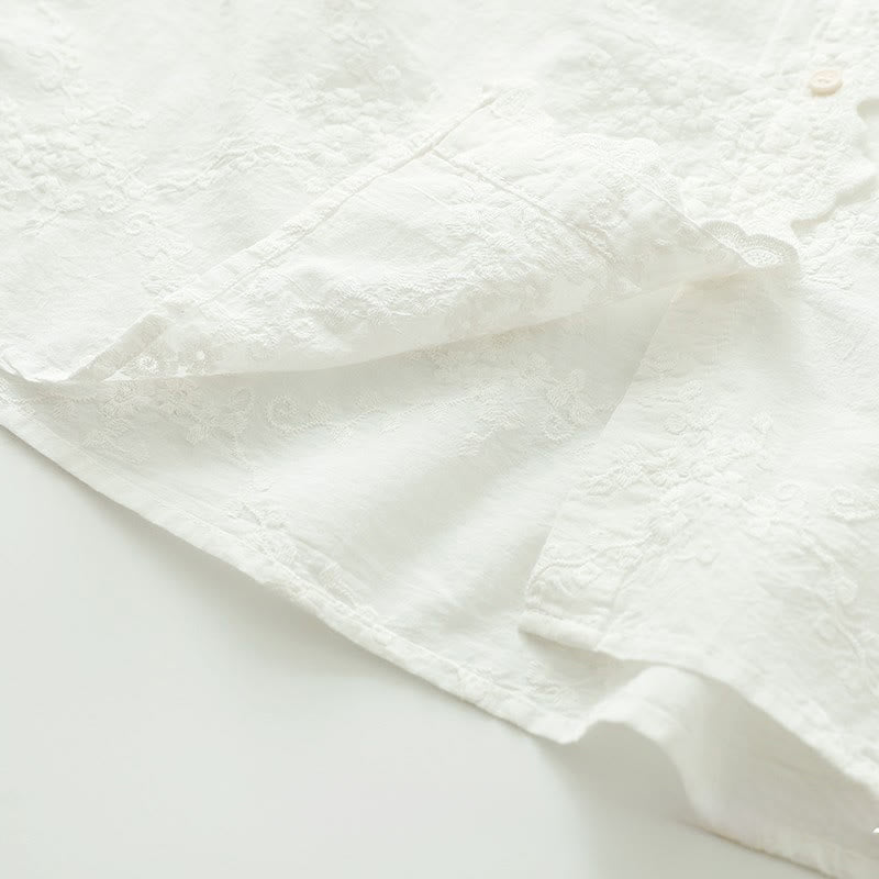 Buddha Stones Fall Ruffled Collar Embroidered Relief Flower Buttons Women's Cotton Long Sleeve Shirt - image 10