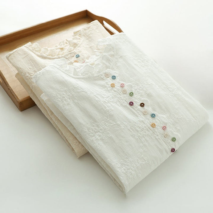 Buddha Stones Fall Ruffled Collar Embroidered Relief Flower Buttons Women's Cotton Long Sleeve Shirt - image 14