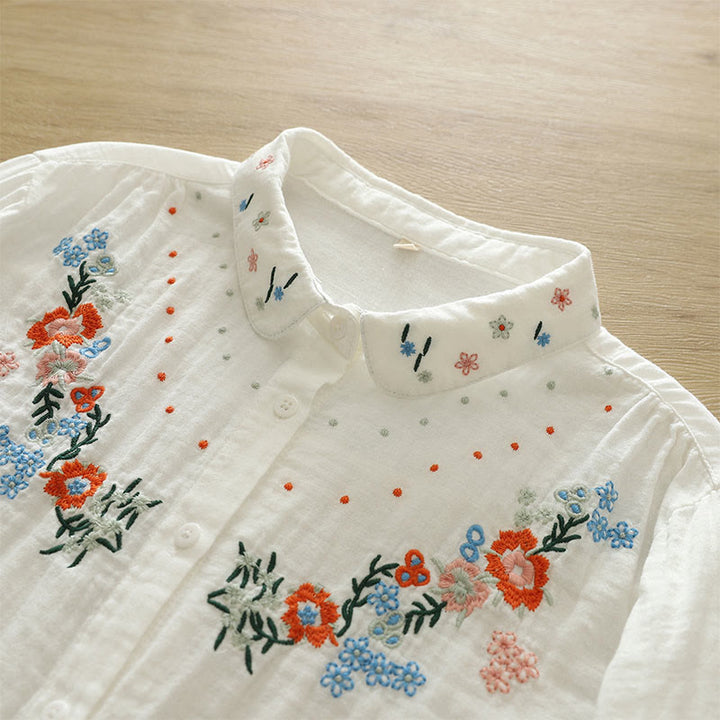 Buddha Stones Fall White Colorful Floral Embroidery Buttons Women's Cotton Long Sleeve Shirt - image 6