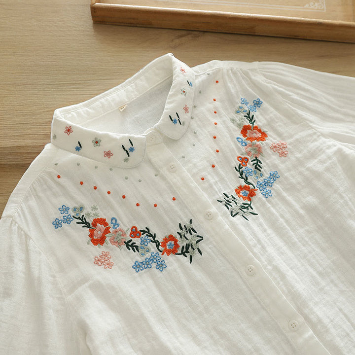 Buddha Stones Fall White Colorful Floral Embroidery Buttons Women's Cotton Long Sleeve Shirt - White - US6，UK/AU10，EU38 (L) - image 0